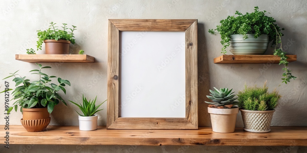 Rustic wooden A4 frame with greens on a shelf Rustic wooden A4 frame with greens on a shelf