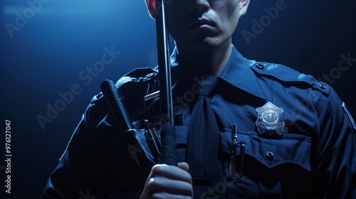 Police officer in uniformstanding firmly withdetermined expression,holding law enforcementbaton and badge,symbolizingauthoritative presence andenforcement action.