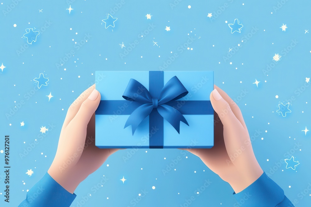 A pair of hands holding a beautifully wrapped blue gift box with a stylish ribbon against a festive blue background. A pair of hands holding a beautifully wrapped blue gift box with a stylish ribbon against a festive blue background.