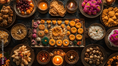 top view of Diwali Feast with Traditional Indian food 