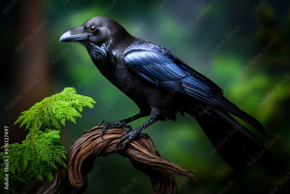 Fototapeta premium A raven with glossy black feathers and a sharp beak, perched on a twisted tree branch in a mysterious, foggy forest