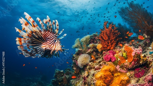 Wallpaper Mural 23. A vibrant coral reef scene with a venomous lionfish perched on a coral outcrop Torontodigital.ca