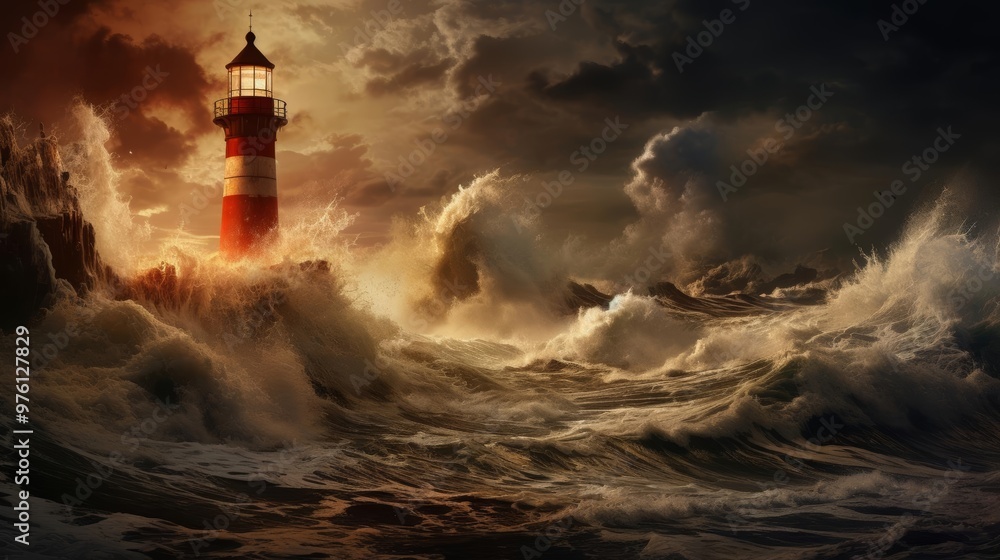 A powerful illustration of a stormy sea crashing against a lighthouse A powerful illustration of a stormy sea crashing against a lighthouse