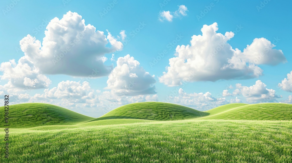 Obraz premium Serene Green Hills under Dreamy Sky with Fluffy Clouds: Peaceful Nature Landscape