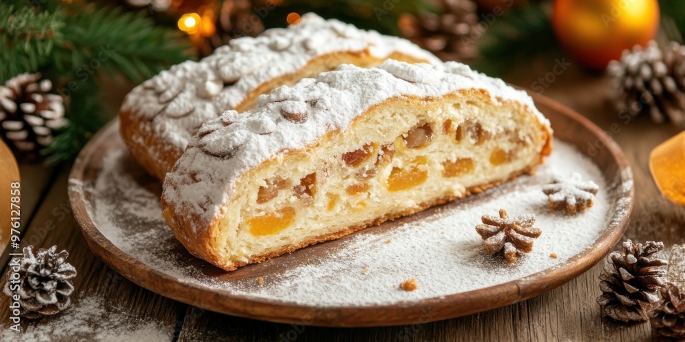 custom made wallpaper toronto digitalChristmas stollen on wooden table. Christmas festive pastry dessert. Bakery recipes for Christmas Eve.