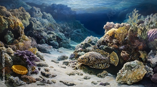 34. The rocky seabed of a tropical lagoon with a stonefish camouflaged among the rocks and corals