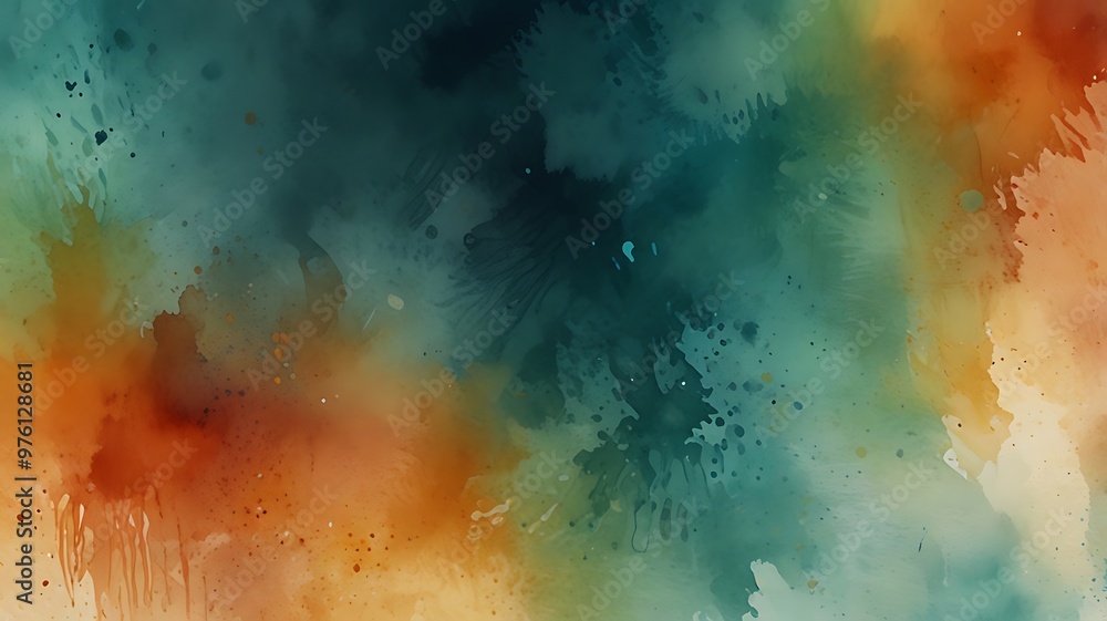 Obraz premium Watercolor Horizon: A Dynamic Blend of Warm Orange and Cool Teal in a Serene Mountain Landscape