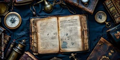 An open vintage book surrounded by navigational tools and old artifacts.