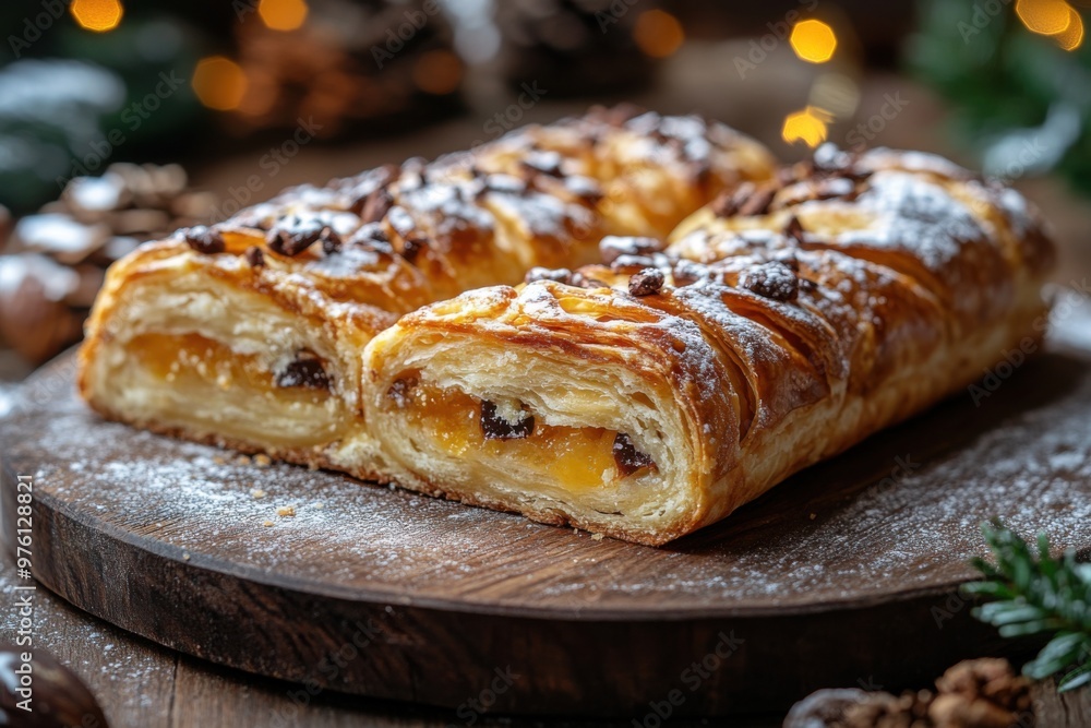 Christmas stollen on wooden table. Christmas festive pastry dessert. Bakery recipes for Christmas Eve. Christmas stollen on wooden table. Christmas festive pastry dessert. Bakery recipes for Christmas Eve.