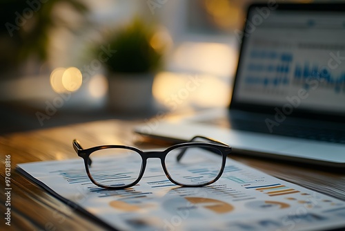 Eyeglasses resting on financial report with laptop showing charts in background photo