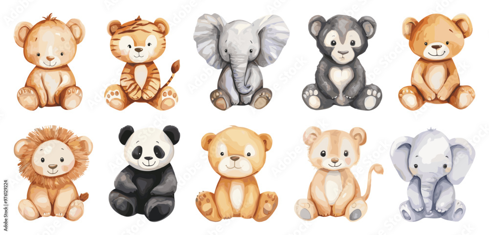 Obraz premium Cute Sitting Animals Watercolor Icons Set For Childrens Book Adorable Animal Characters Art Illustrations Kids Book Cute Animal Poses