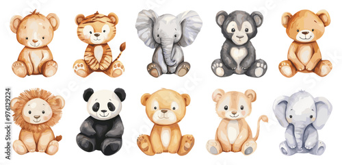 Cute Sitting Animals Watercolor Icons Set For Childrens Book Adorable Animal Characters Art Illustrations Kids Book Cute Animal Poses