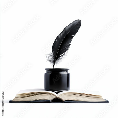 Quill and Ink Bottle with an Open Book on White Background