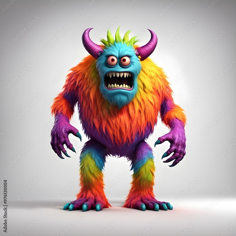 3D monster character with bold colors on white background under studio lights. 3D monster character with bold colors on white background under studio lights.