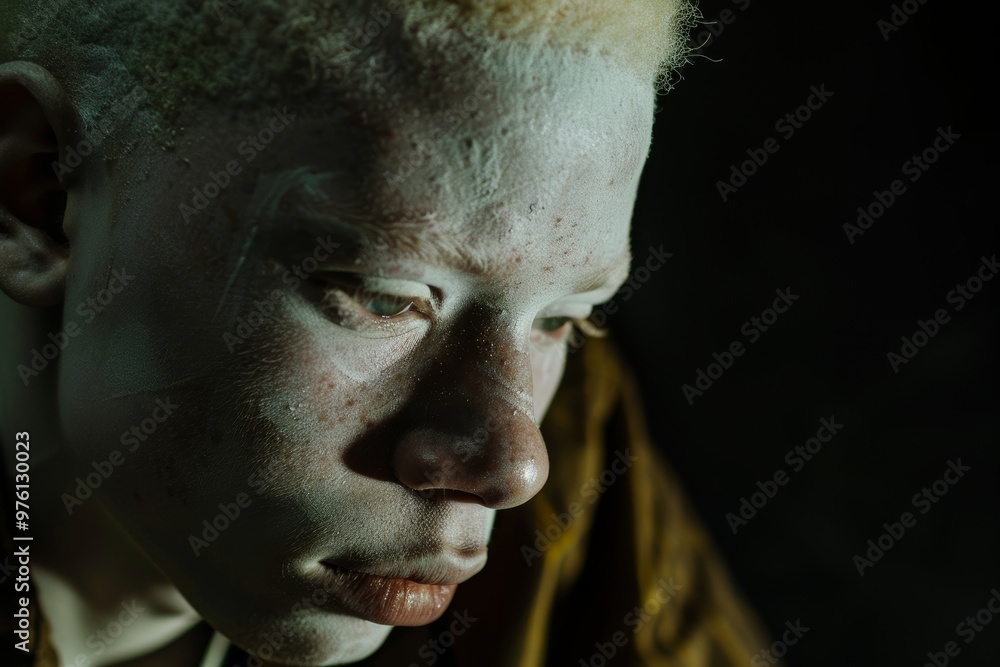 Dramatic Close-Up Portrait of Albino Actor in Intense Role, with Shadowed Face and Deep Expression Dramatic Close-Up Portrait of Albino Actor in Intense Role, with Shadowed Face and Deep Expression