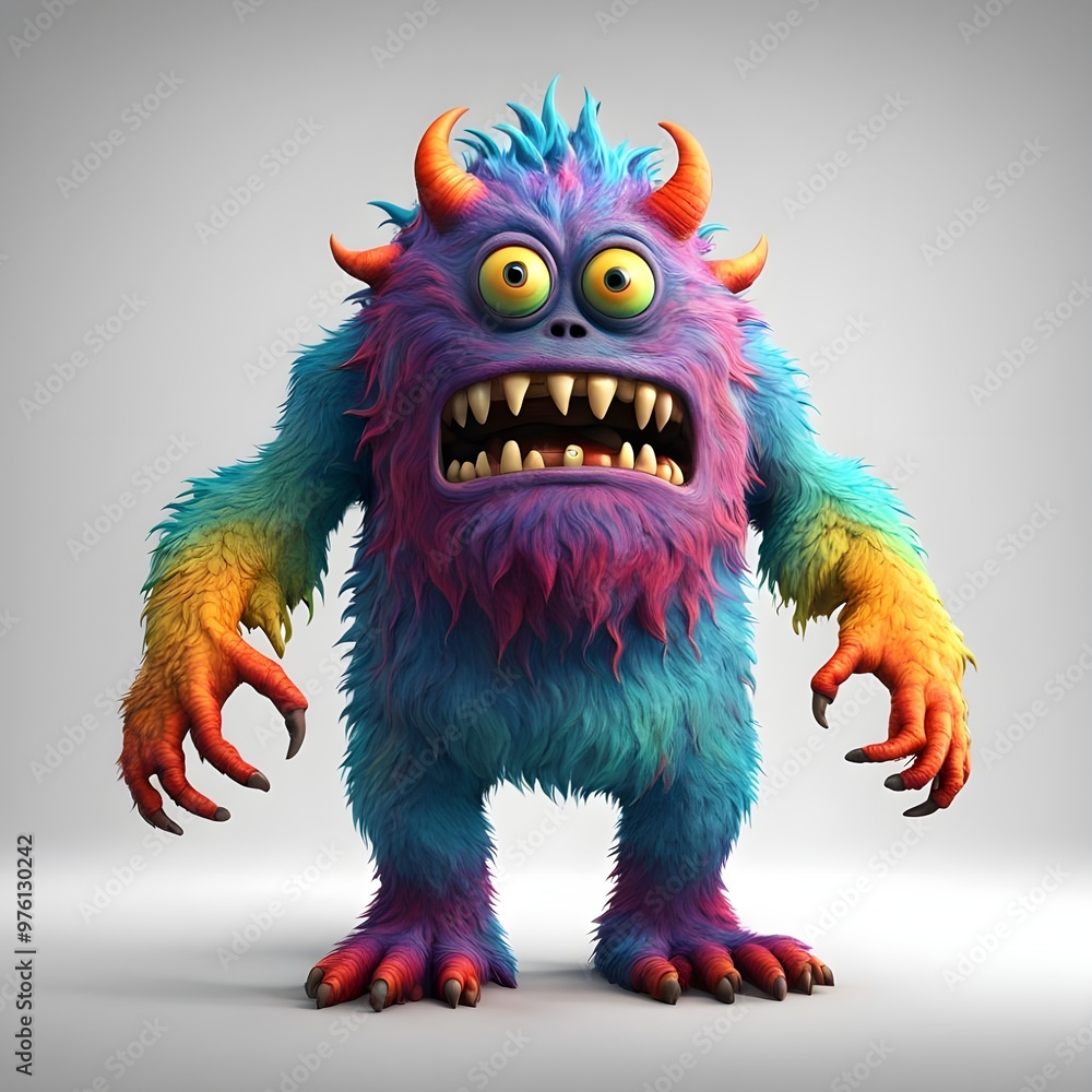 3D monster character with bold colors on white background under studio lights. 3D monster character with bold colors on white background under studio lights.