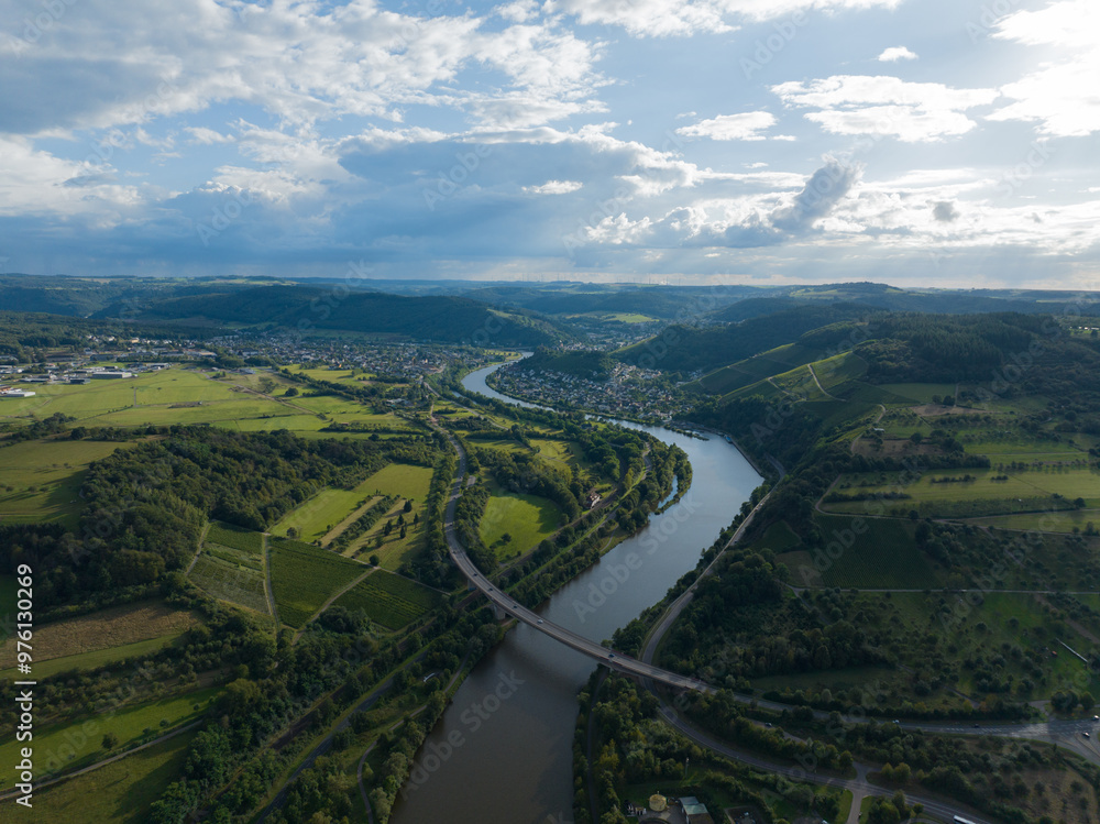 aerial view over the Saar river beautifull hilly landscape in the Saarland region. aerial view over the Saar river beautifull hilly landscape in the Saarland region.