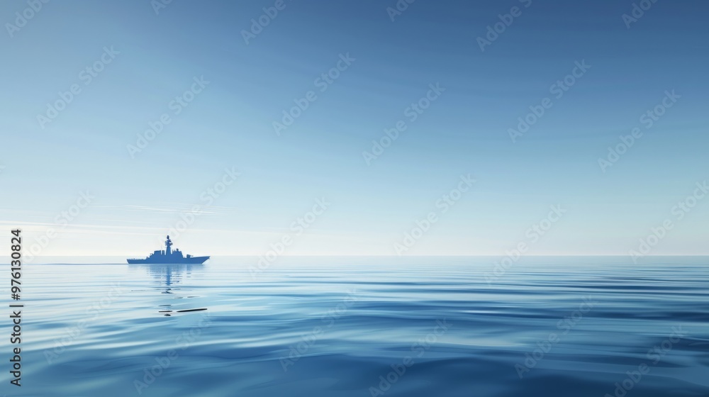 Fototapeta premium Naval ship cruising throughserene blue ocean underclear sky, showcasingmaritime strength andtranquility, central focus withslight background blur.