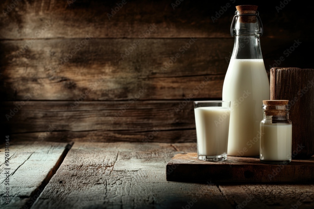 Kefir, milk or Turkish Ayran drink are poured into a glass cup from a bottle. A glass stands on a wooden stand on a rustic wooden table. Place for text Kefir, milk or Turkish Ayran drink are poured into a glass cup from a bottle. A glass stands on a wooden stand on a rustic wooden table. Place for text