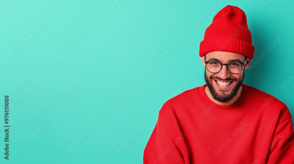 A cheerful man wearing a red beanie and glasses smiles brightly against a vibrant turquoise background, conveying joy and positivity. A cheerful man wearing a red beanie and glasses smiles brightly against a vibrant turquoise background, conveying joy and positivity.