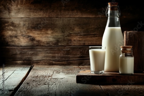 Kefir, milk or Turkish Ayran drink are poured into a glass cup from a bottle. A glass stands on a wooden stand on a rustic wooden table. Place for text photo