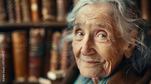 Portrait of a Wise Elderly Woman with White Hair Against Vintage Books - Symbol of History and Wisdom