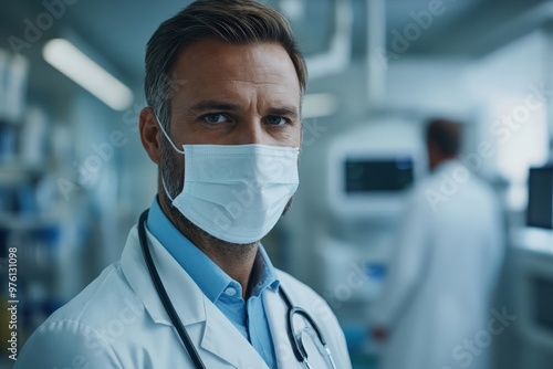 A man wearing a white lab coat and a face mask.