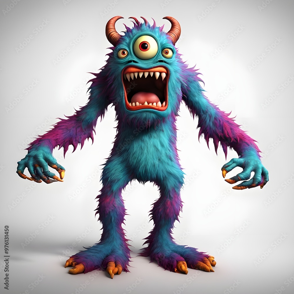 3D monster character with bold colors on white background under studio lights. 3D monster character with bold colors on white background under studio lights.