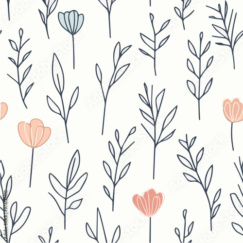 Simple line art vector seamless pattern of flowers and leaves
