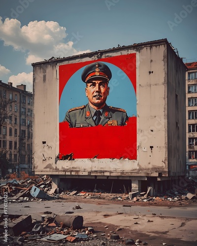 A large mural of a man with a red face and a blue and red background. photo