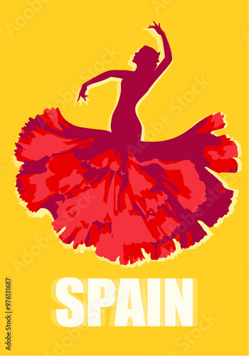 Silhouette of a Spanish flamenco dancer wearing a carnation-shaped folkloric skirt