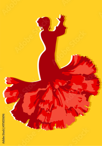 Silhouette of a Spanish flamenco dancer wearing a carnation-shaped folkloric skirt