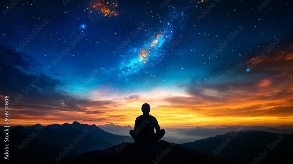 A lone figure sits in contemplation on a mountaintop, gazing up at the vast expanse of the Milky Way, symbolizing wonder, introspection, cosmic connection, and the pursuit of enlightenment. A lone figure sits in contemplation on a mountaintop, gazing up at the vast expanse of the Milky Way, symbolizing wonder, introspection, cosmic connection, and the pursuit of enlightenment.