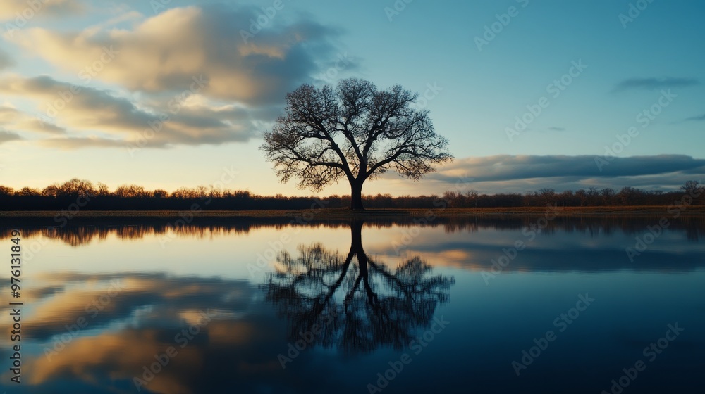 A lone ancient tree stands tall and proud, its reflection mirroring in the still waters of a lake at sunset. The image symbolizes peace, solitude, resilience, nature's beauty, and introspection. A lone ancient tree stands tall and proud, its reflection mirroring in the still waters of a lake at sunset. The image symbolizes peace, solitude, resilience, nature's beauty, and introspection.