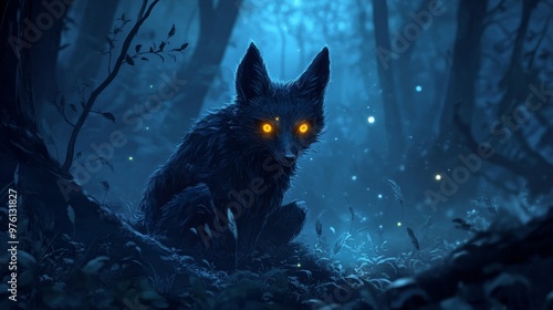 A lone, mystical creature with glowing eyes watches from the shadows of a dark forest, symbolizing the power, mystery, and magic of nature.