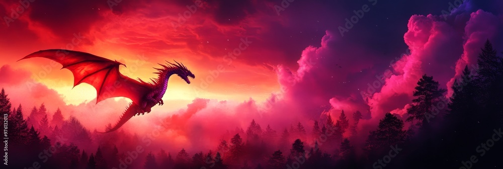 A majestic red dragon soars through a breathtaking twilight sky, leaving a trail of iridescent scales. The dragon embodies power, freedom, and the mystery of the unknown A majestic red dragon soars through a breathtaking twilight sky, leaving a trail of iridescent scales. The dragon embodies power, freedom, and the mystery of the unknown