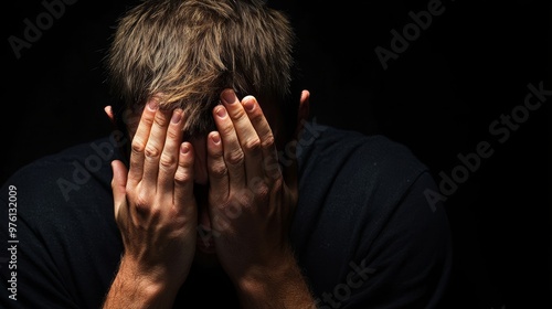 A man covers his face with his hands, conveying feelings of despair, sorrow, and emotional distress. His body language suggests hopelessness and a sense of being overwhelmed.