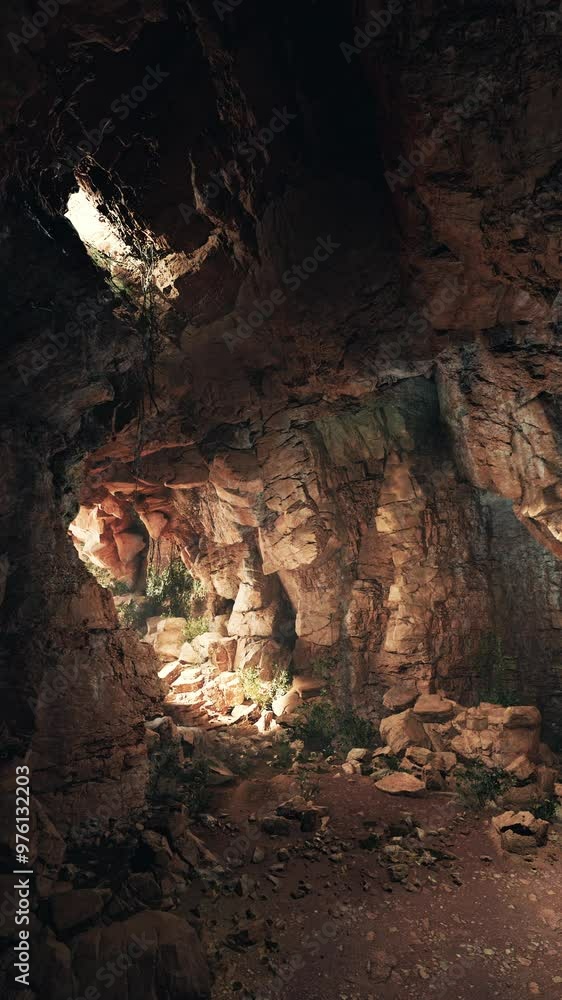 Rays of sunlight break through an opening, casting a warm glow on the rugged interior of a stone cave. Rays of sunlight break through an opening, casting a warm glow on the rugged interior of a stone cave.
