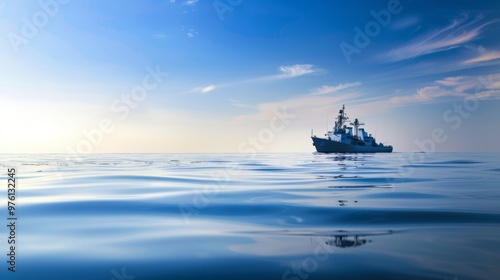 Naval ship cruising throughserene blue ocean underclear sky, showcasingmariti...