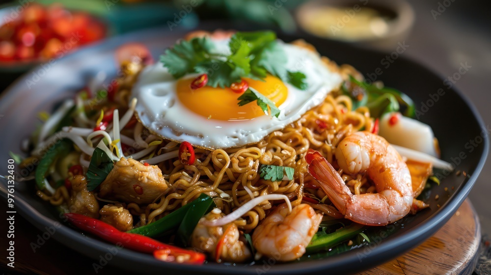 Spicy Noodles with Fried Egg and Shrimps Spicy Noodles with Fried Egg and Shrimps