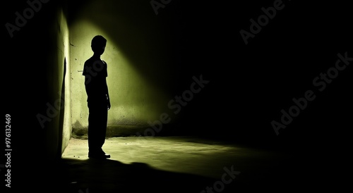 A haunting image of a man’s silhouette alone in the dark, evoking deep feelings of fear, loneliness, emotional discomfort, and vulnerability in an eerie atmosphere. photo