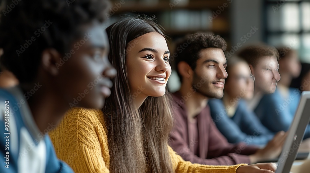A diverse group of students engaging with an online education platform, with interactive tools and video lessons displayed on their screens. A diverse group of students engaging with an online education platform, with interactive tools and video lessons displayed on their screens.