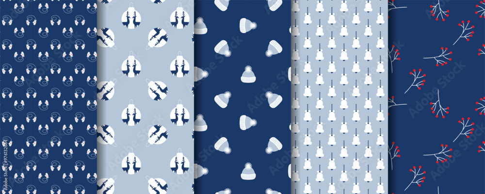 Fototapeta premium Set of minimalistic elegant Christmas seamlessa patterns. Suitable for wrapping paper, fabric, greeting cards, backgrounds, backdrops