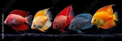 A school of colorful tropical fish, including red, orange, yellow, and blue, swim in a black background photo