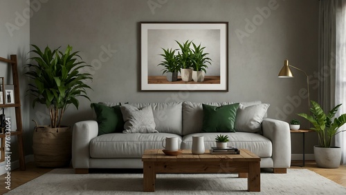 Modern living room with a light grey sofa, framed picture, and green plant in a wooden pot.