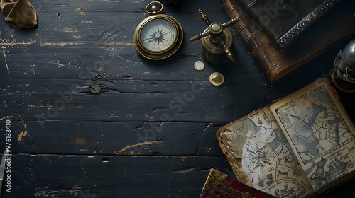 A vintage desk scene with a compass, coins, books, and a map, evoking exploration and adventure.