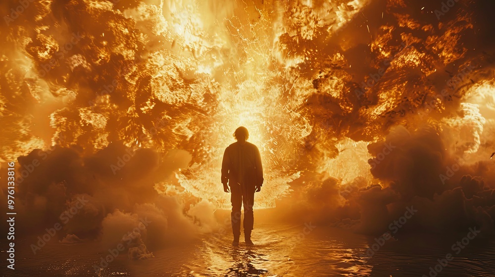 A lone figure stands before a fiery, celestial explosion. A lone figure stands before a fiery, celestial explosion.