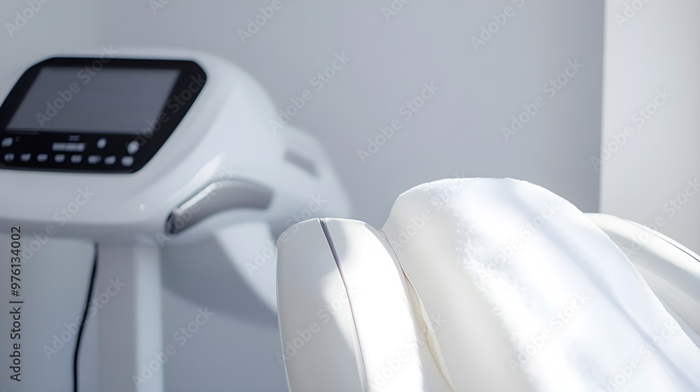 Modern treatment chair and equipment in a minimalistic white clinic setting Modern treatment chair and equipment in a minimalistic white clinic setting