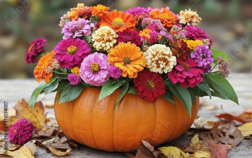 Fall centerpiece featuring a pumpkin vase filled with seasonal flowers surrounded by colorful leaves photo