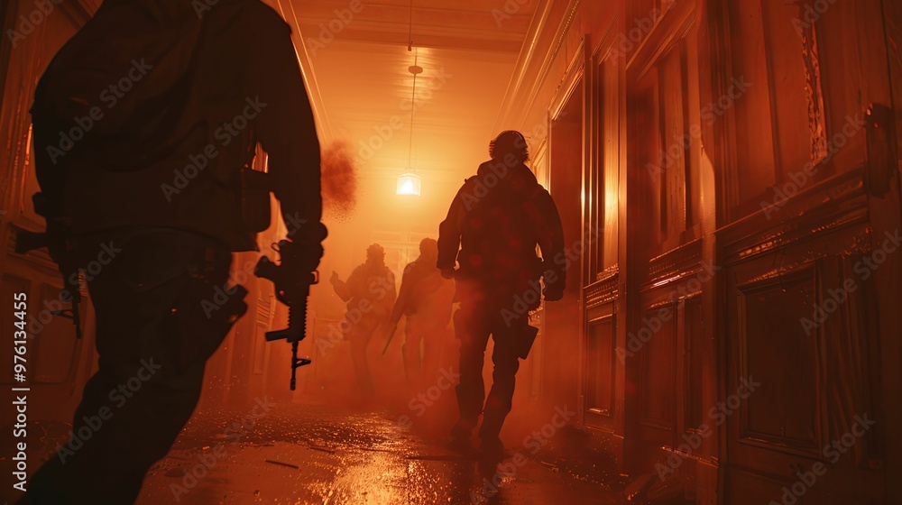 Silhouetted Figures with Rifles in a Dark Hallway Silhouetted Figures with Rifles in a Dark Hallway